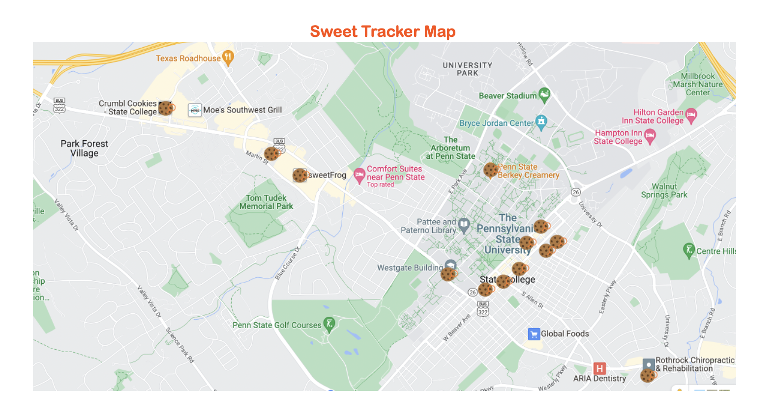 SweetTracker Map the sweet tracker map with all the bakeries in State College